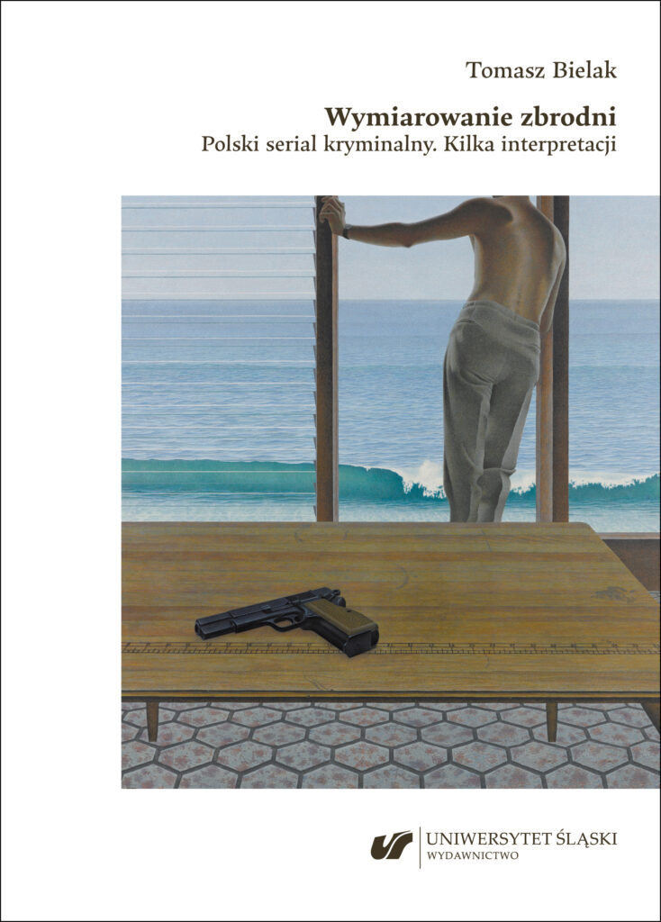 biała okładka książki z rysunkiem ławki z pistoletem i mężczyzną w tle