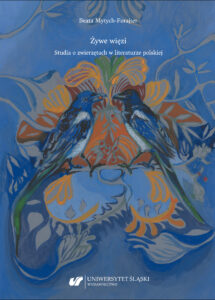 okładka ksiażki w kolorze niebieskim z kolorowymi ptakami