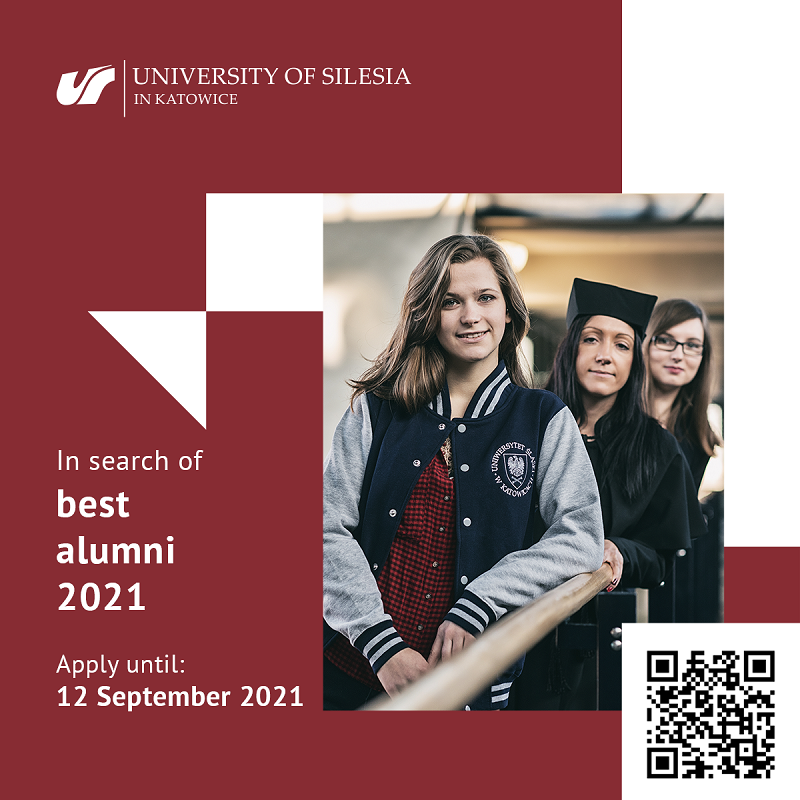 Graphics promoting the event with a QR code. In the photo there are three smiling students. Signature: University of Silesia Katowice. In search of best alumni 2021. Apply until: 12 September 2021