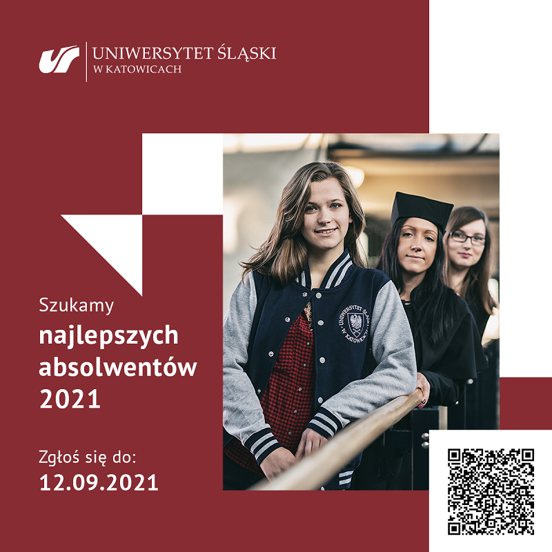 Grafika promująca wydarzenie z kodem QR. Na zdjęciu trzy uśmiechnięte studentki. Podpis: Szukamy najlepszych absolwentów 2021. Zgłoś się do 12.09.2021.