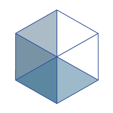 Grafika przedstawiająca sześciokąt podzielony na 6 trójkątów w odcieniach niebieskiego