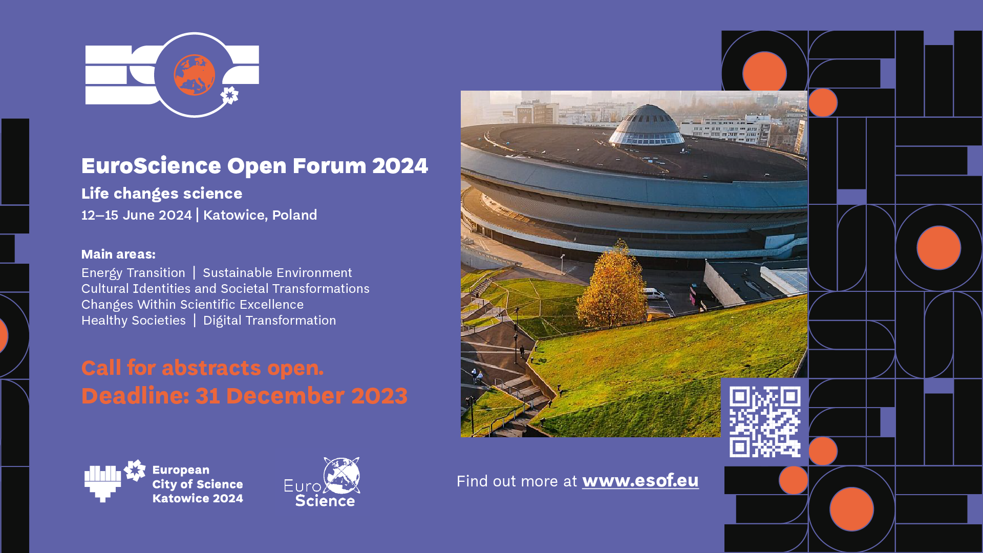 Plakat promujący konferencję EuroScience Open Forum 2024 w Katowicach, zdjęcie areny spodek w Katowicach