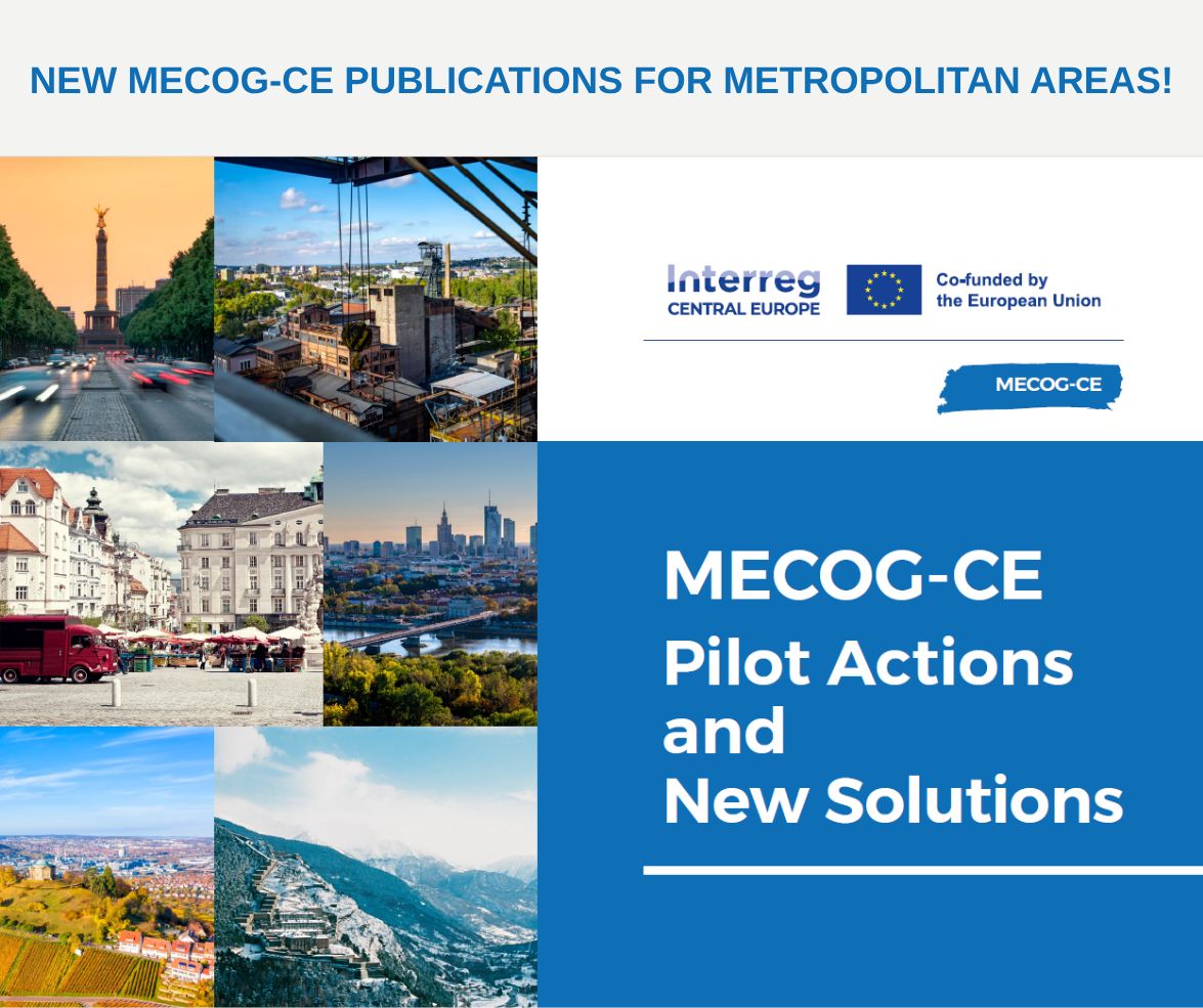 Plakat MECOG-CE Pilot Actions and New Solutions, w tle zdjęcia z partnerskich obszarów metropolitalnych projektu i logotyp programu Interreg Central Europe