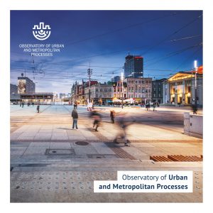 View of the Katowice main square, a group of people in the foreground, buildings in the background, int he left up corner: logo of the Observatory of Urban and Metropolitan Processes, in the right down corner: caption Observatory of Urban and Metropolitan Processes