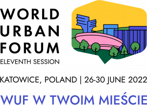 Patronat World Urban Forum, logotyp z napisem: Katowice, Poland, 26-30 June 2022, WUF w twoim mieście