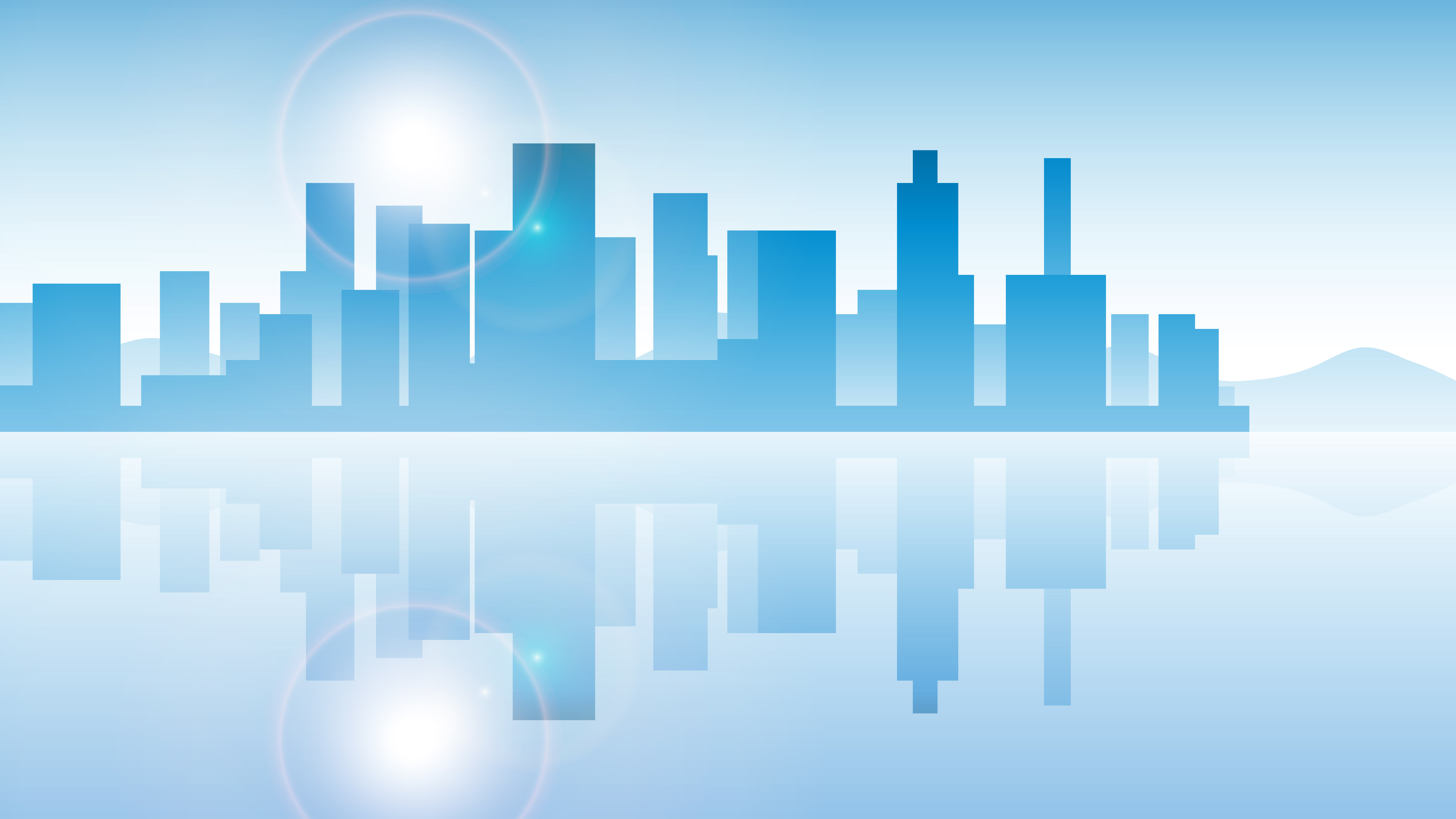 Grafika: zarys wysokich budynków miasta, błękitne tło, na dole lustrzane odbicie budynków, smuga światła na górze