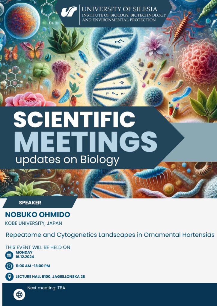 Grafika informująca o prelekcji prof. Nobuko Ohmido pt. "Repeatome and Cytogenetics Landscapes in Ornamental Hortensias"