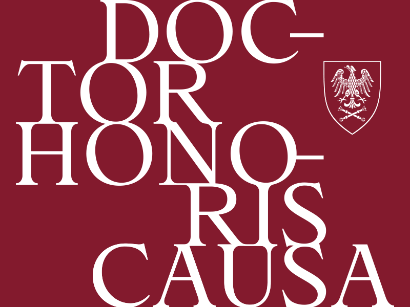 Duży napis "Doctor honoris causa" i logo uniwersytetu z prawej strony grafiki