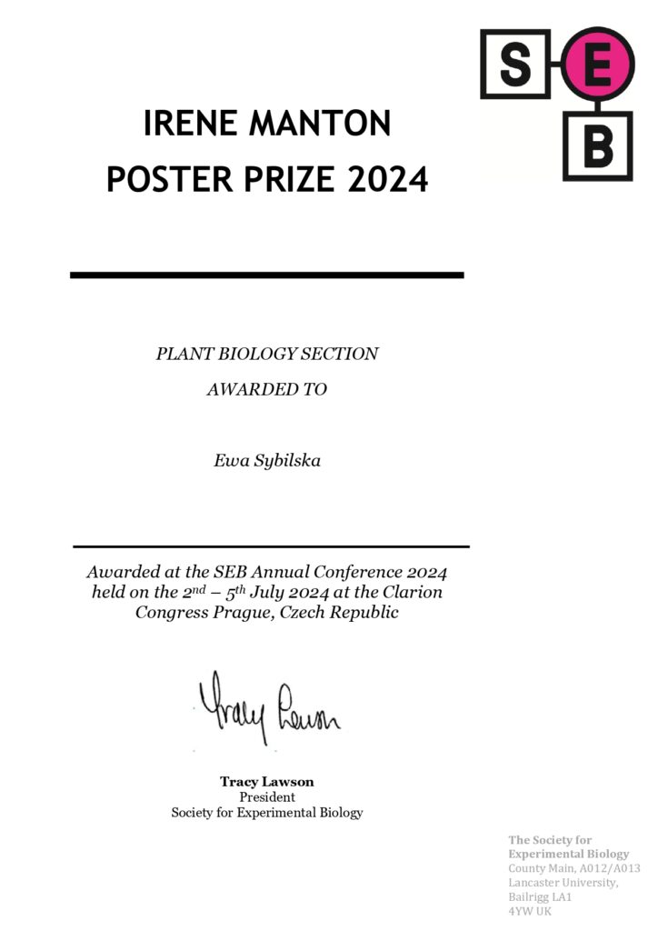 Certyfikat wygrania nagrody Irene Manton Poster Prize 2024 w kategorii Plant biology section