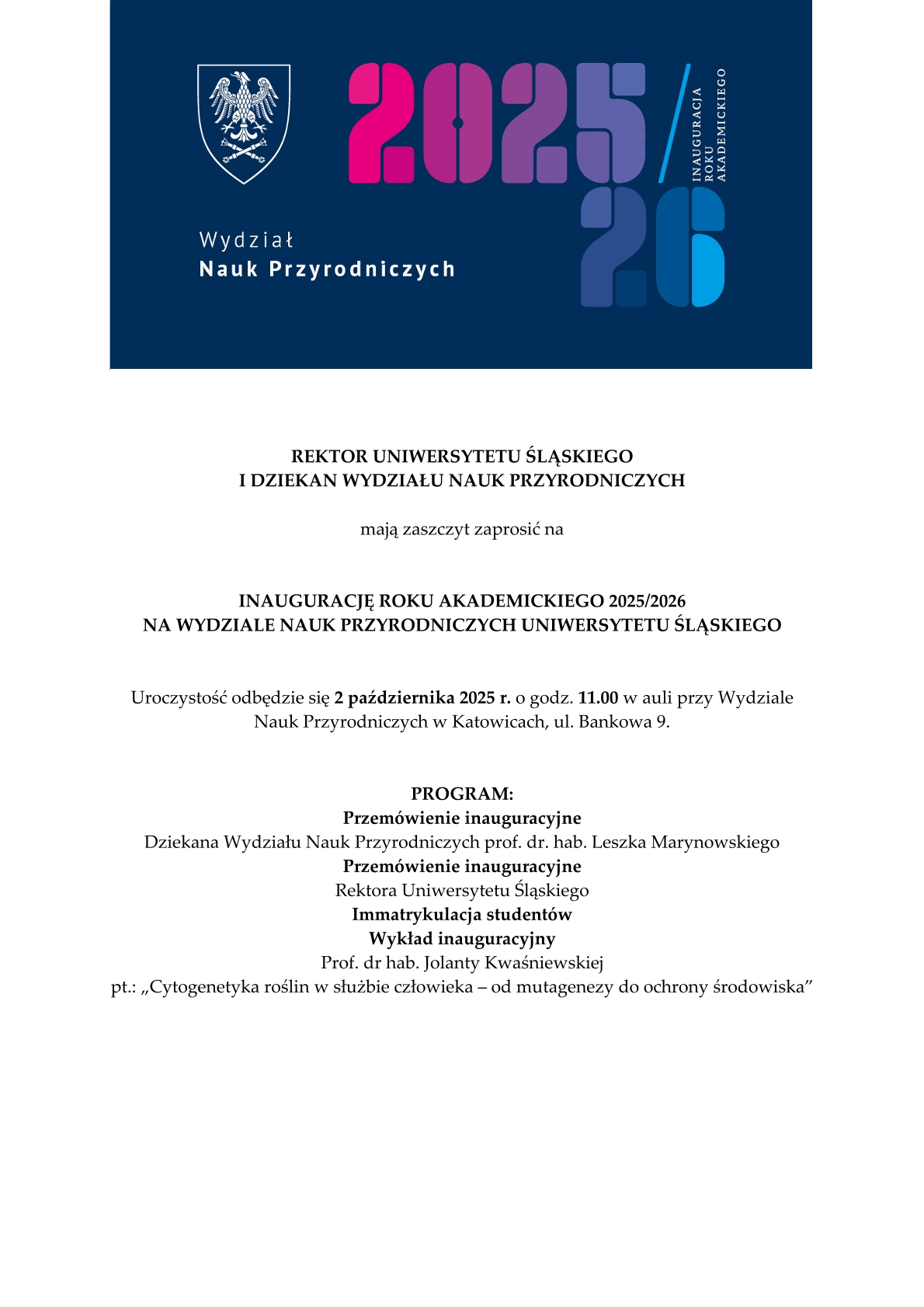 Zaproszenie na inaugurację 2025/2026 WNP - 2 października o 11:00 w auli przy WNP, ul. Bankowa 9