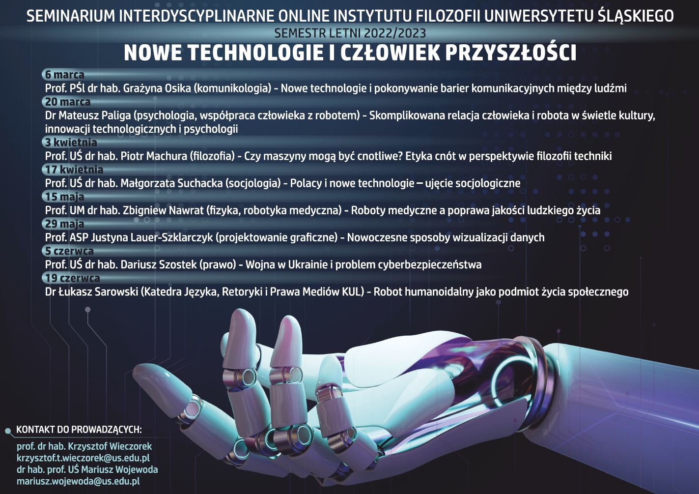 plakat informujący o seminariach z białą ręką robota