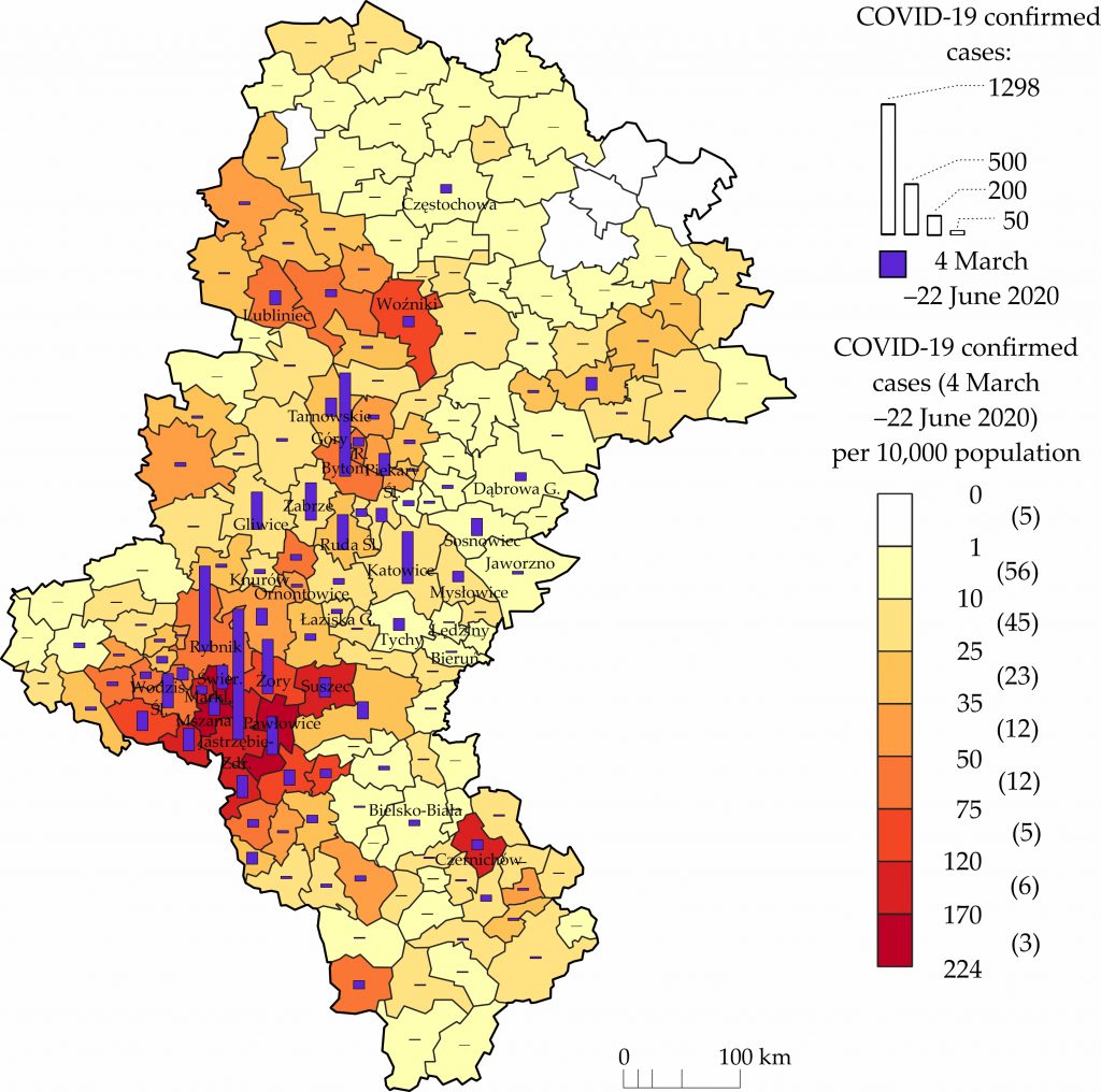 Confirmed case of COVID-19 in Silesian province by communes (22 June 2020)