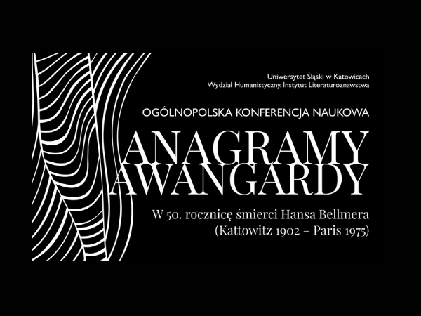 białe napisy anagramy awangardy na czarnym tle
