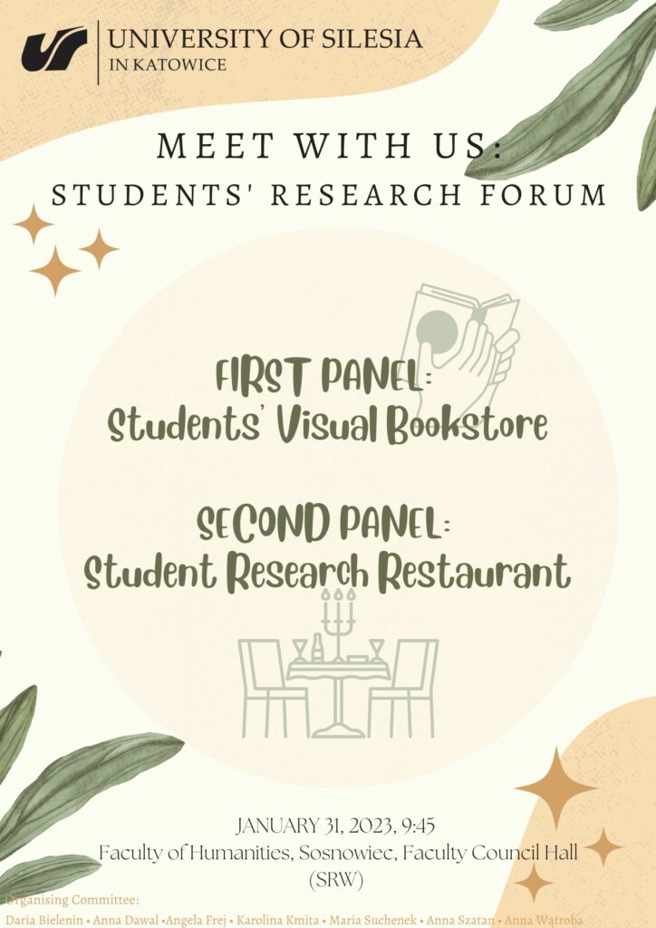 poster forum studenckich inicjatyw badawczych z motywem roślinnym na pomarańczowym tle
