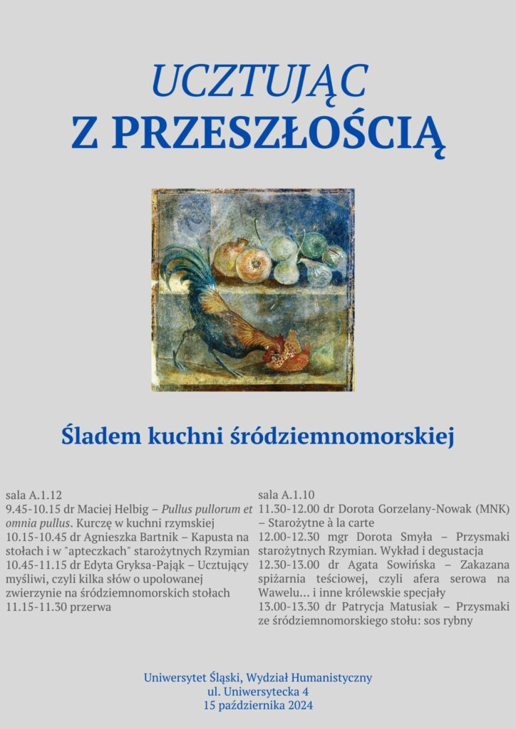 ucztując z przeszłością plakat z grafiką jedzenia na szarym tle