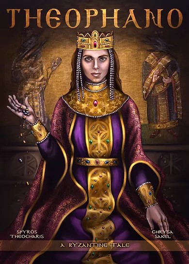 okładka komiksu poświęconego Bizancjum przedstawiajaca siedzącą kobietę