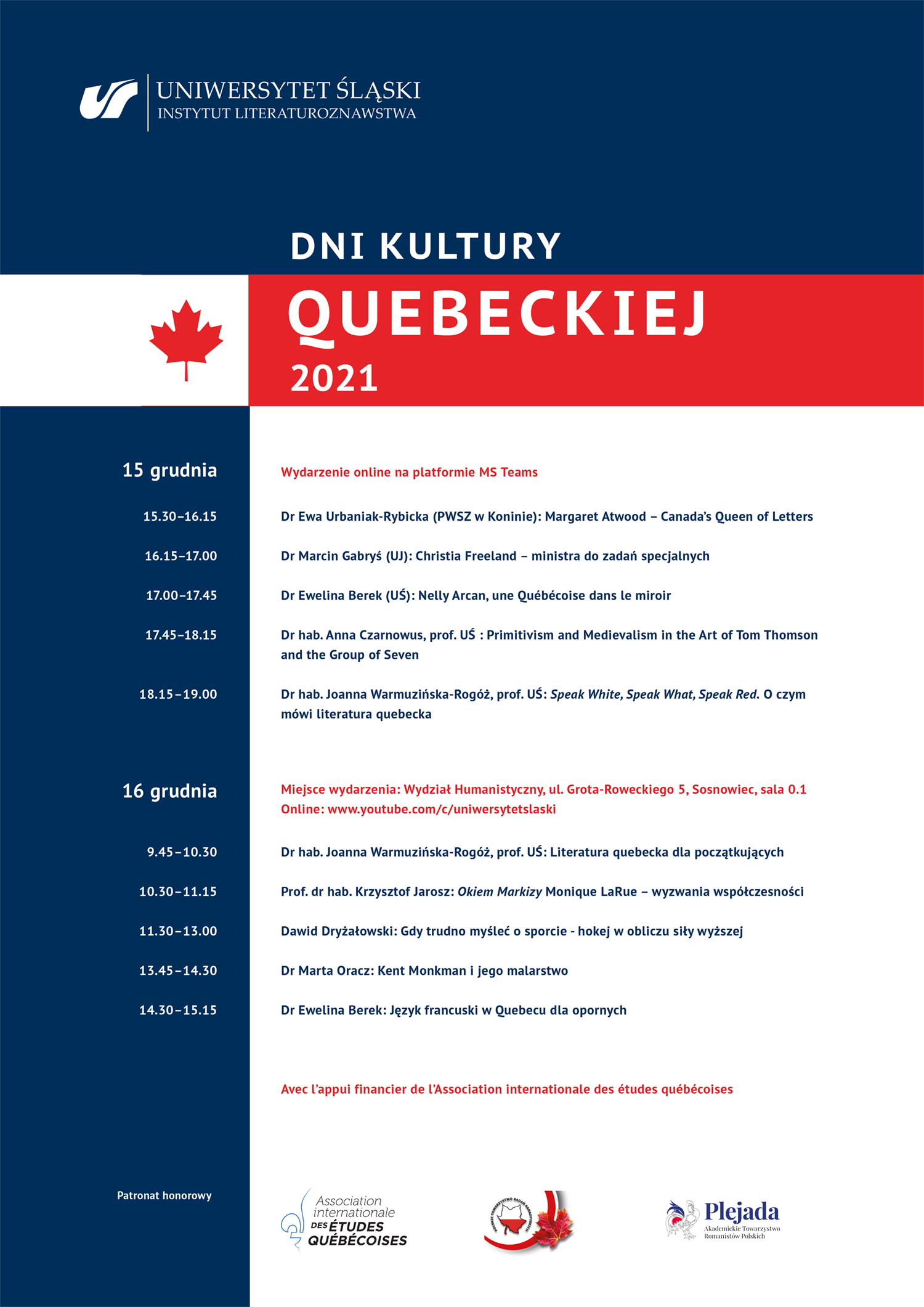 Dni Kultury Quebeckiej plakat wydarzenia lista gości