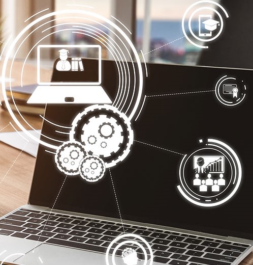 grafika przedstawiająca otwartego laptopa oraz małe, okrągłe, białe grafiki przestawiające koła zębate, otwartego laptopa, głowę człowieka, certyfikat, smatrfona z czapką akademicką