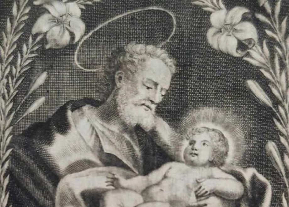 fragment rysunku przedstawiającego Józefa trzymającego na rękach małego Jezusa