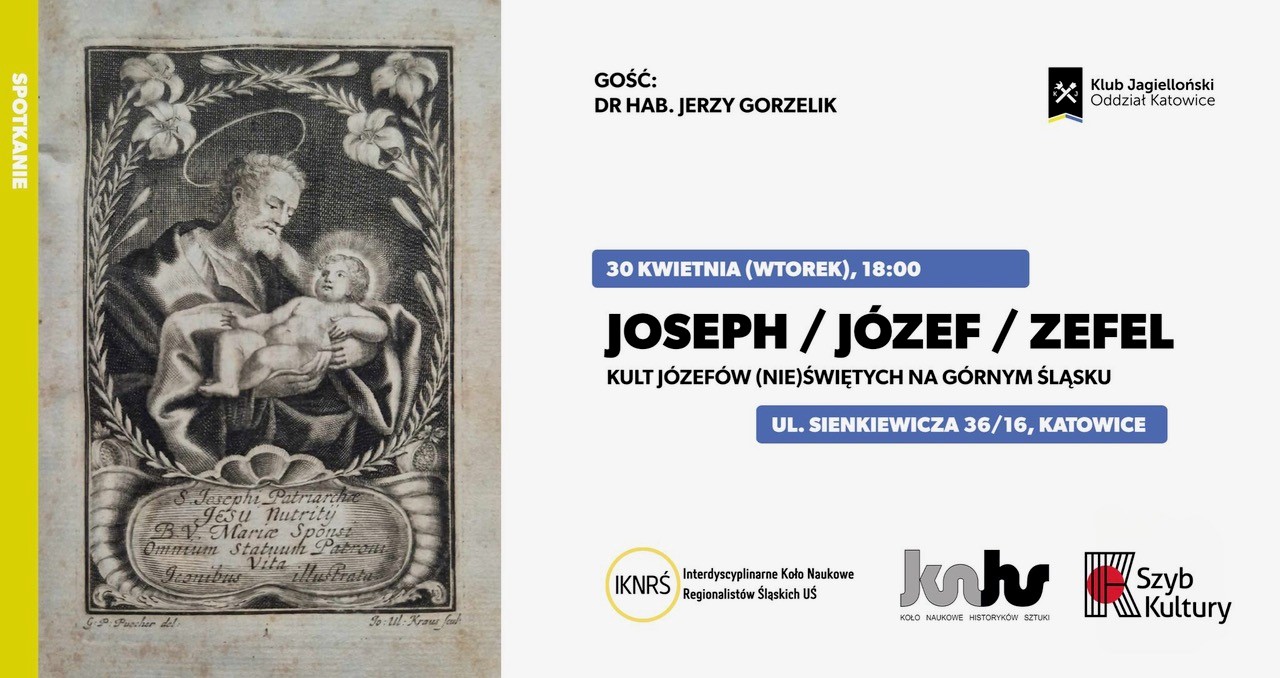 plakat informujący o spotkaniu, po lewej rysunek przedstawiający Józefa trzymającego na rękach małego Jezusa