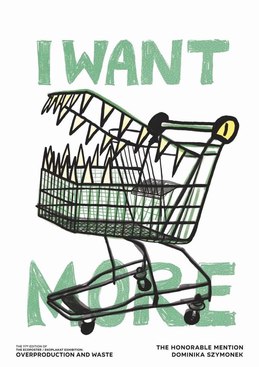 Plakat promujący wydarzenie Ekoplakat. Żywność pomiędzy niedoborem i nadmiarem z rysunkowy wózkiem sklepowym z oczami i zębami