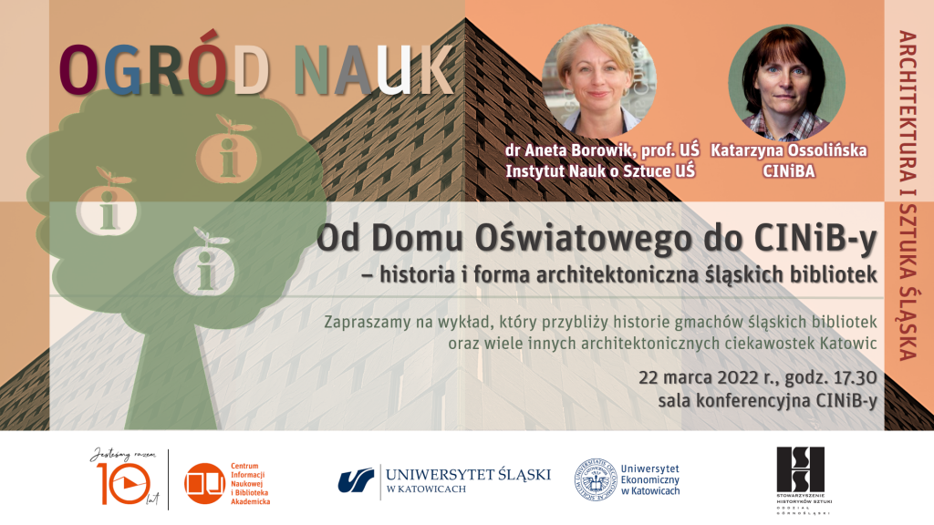 plakat wykładu "Od Domu Oświatowego do CINiB-y – historia i forma architektoniczna śląskich bibliotek"