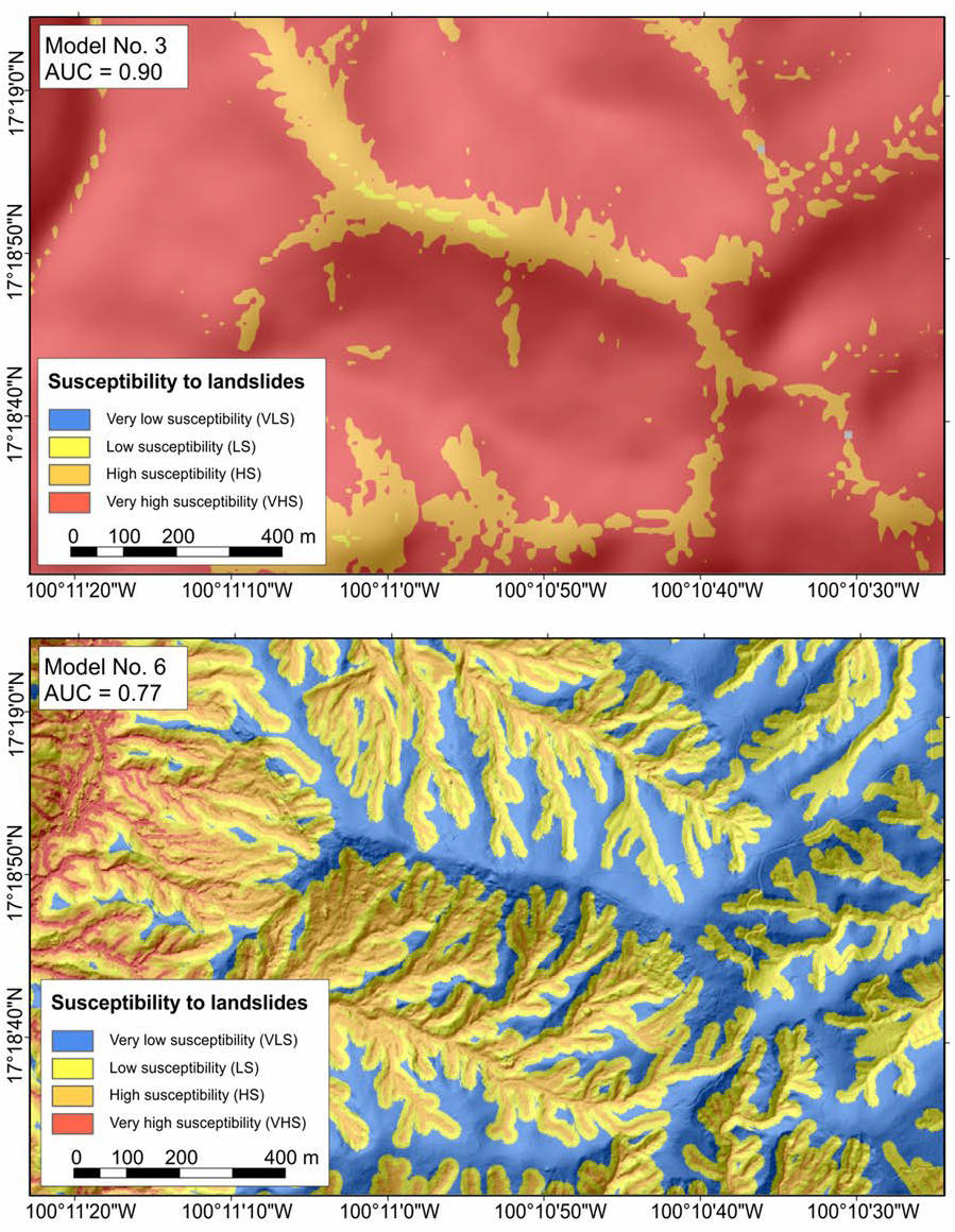 Porównanie wybranych map podatności osuwiskowej wygenerowanych dla różnych danych wejściowych (Gaidzik & Ramírez-Herrera, 2021).