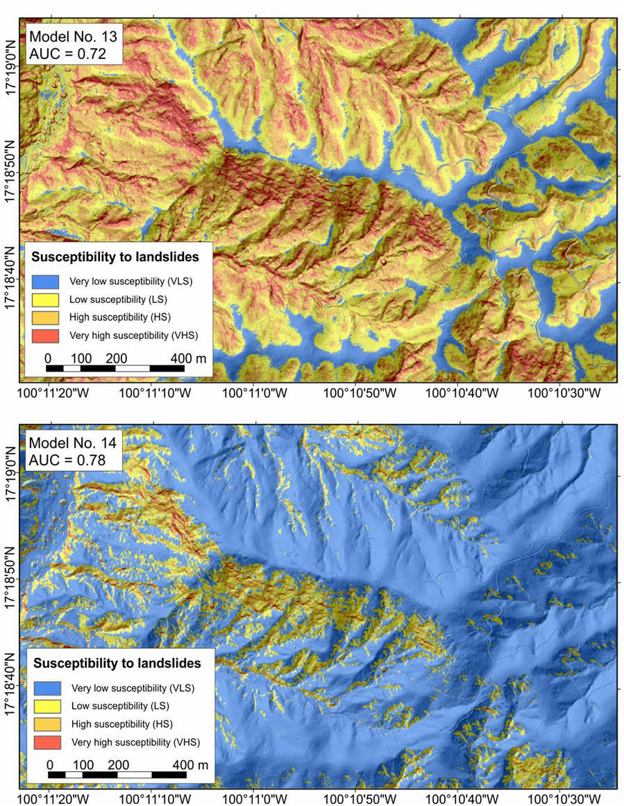 Comparison of selected landslide susceptibility models with variable input data (Gaidzik and Ramírez-Herrera, 2021).