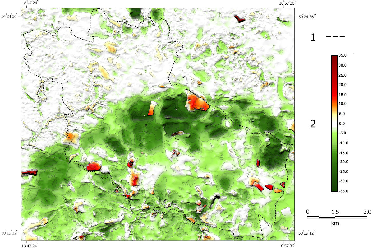 Zmiany wysokości względnych w Bytomiu pomiędzy 1883 a 1994 rokiem: 1 – granica miasta; 2- zmiany wysokości terenu