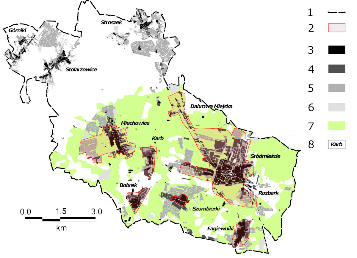 Osiadania terenu w Bytomiu w latach 1883-2011: 1 — współczesne granice miasta 2 — obszary zabudowane, na których wystąpiły szkody górnicze; 3—obszary zabudowane (w roku 1883); 4— obszary zabudowane (w roku 1934); 5— obszary zabudowane (w roku 1994); 6—obszary zabudowane (w roku 2011); 7—zakres osiadań terenu w okresie 1883–2011; 8—dzielnice miasta.