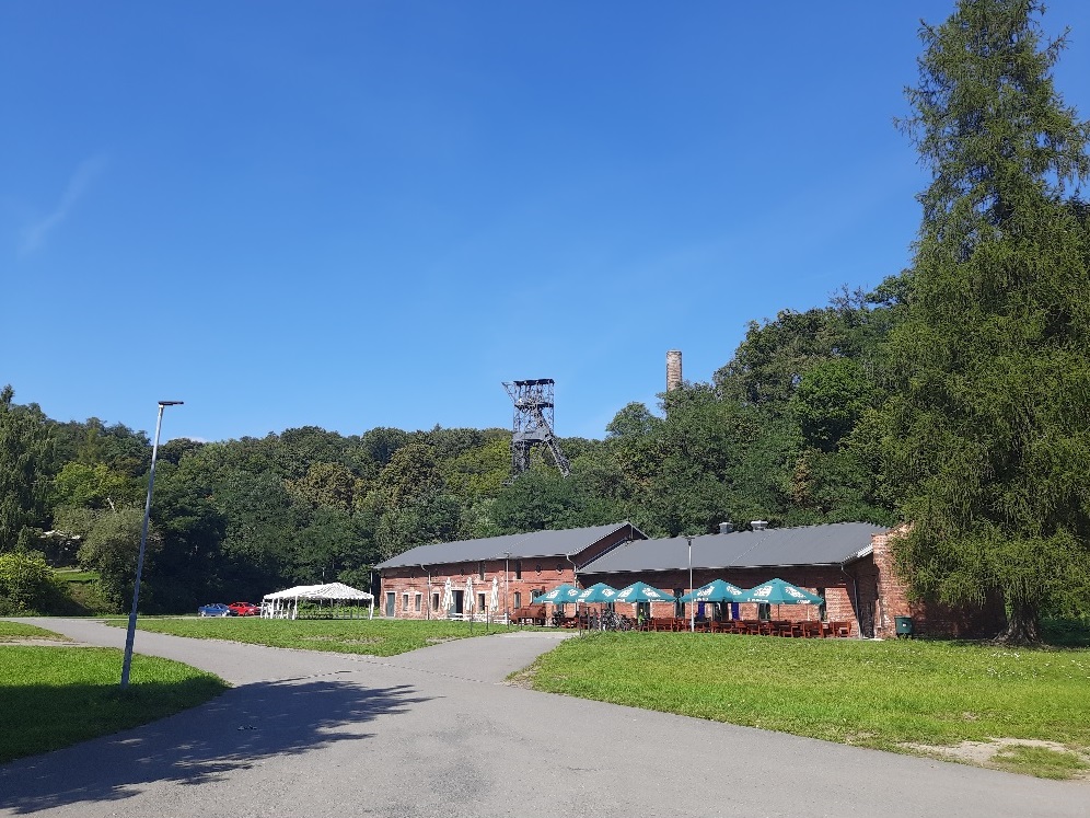 Landek Park Dwa ceglane budynki, przed jednym stoją kolorowe parasole z tyłu ściana drzew