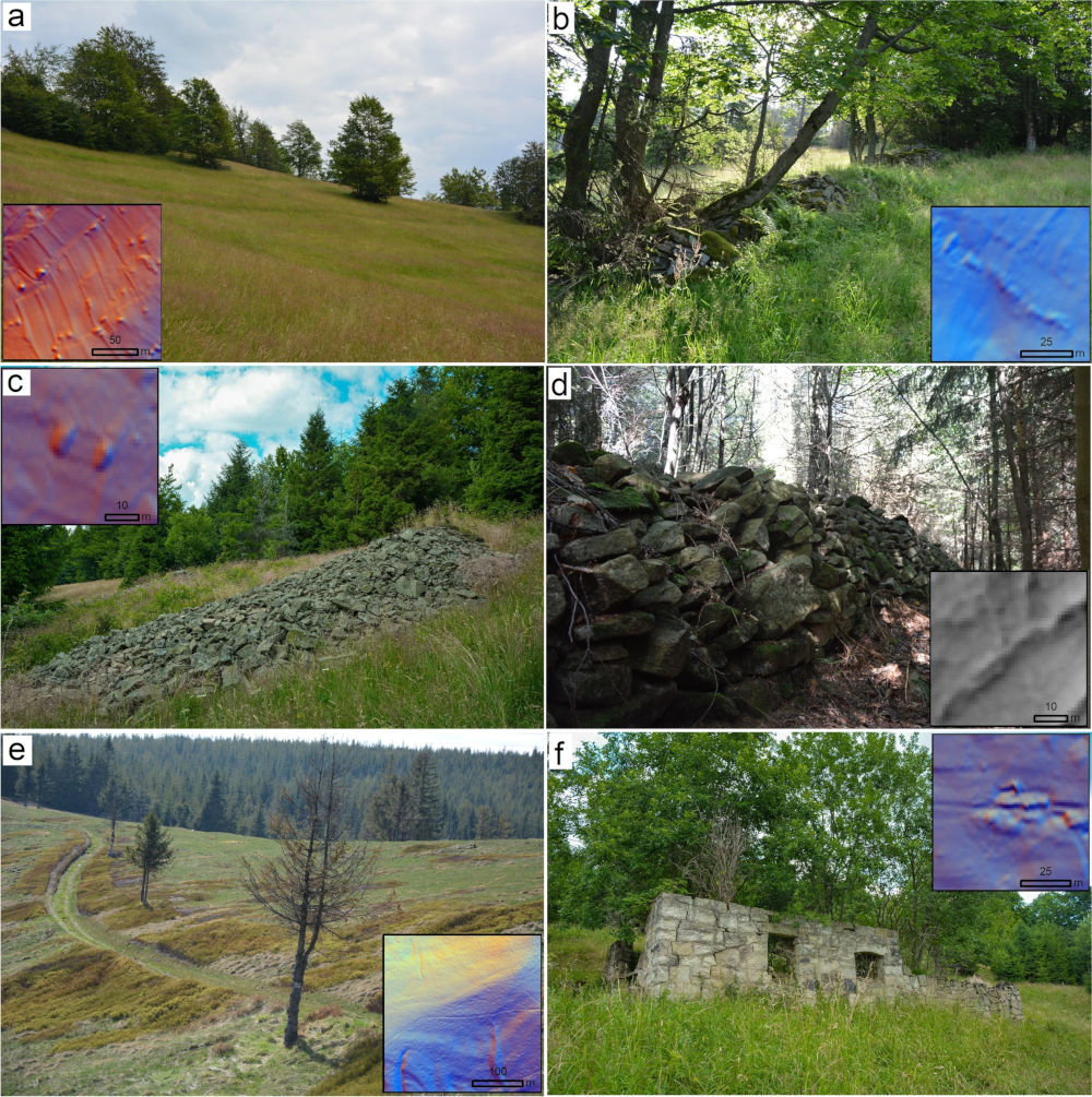 Terrain forms and objects related to past agricultural land use in glades in the Western Carpathians. Photographs and DEM visualisation present: a embankments of agricultural terraces in Praszywka, b balk in Praszywka, c stone mound in Prusów, d stone wall in Ostre, e road in Radziechowska, f remains of a residential building in Prusów. DEM visualisation techniques applied: MHS: a–c, e–f, SVF: d (photograph by Michał Sobala)