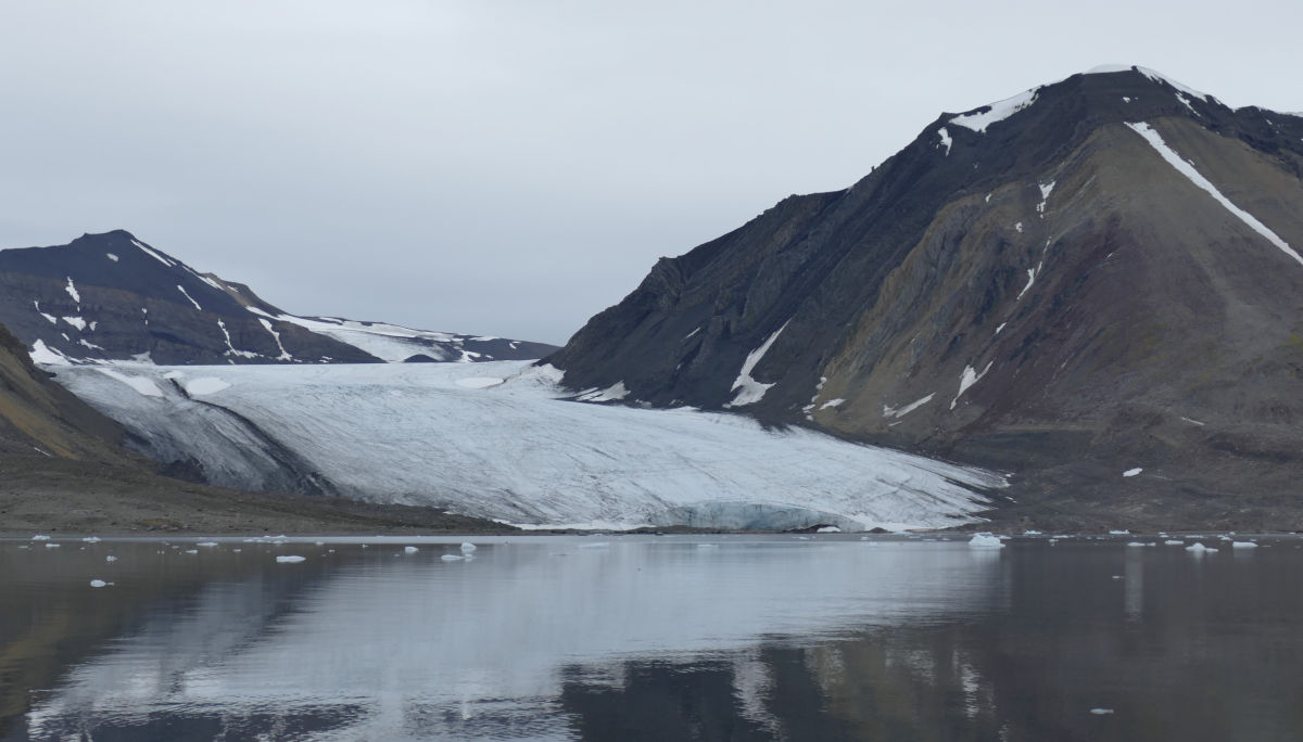 Czoło Wibebreen - lodowca uchodzącego do morza, po wycofaniu na ląd bez śladów odrywania się gór lodowych (Hornsund, Svalbard, 26 lipca 2022, fot. J.A. Jania).