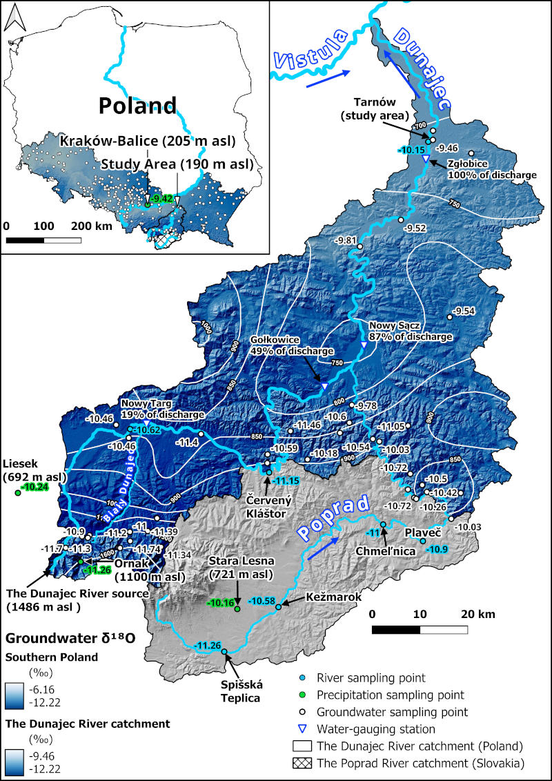 2s Rozkład δ18O w opadach atmosferycznych, wodach rzecznych i młodych wodach podziemnych w zlewni Dunajca.