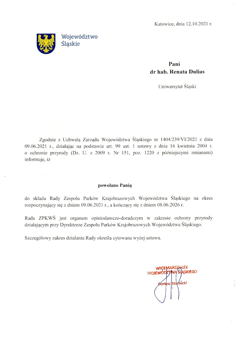 Akt powołania do Rady Zespołu Parków Krajobrazowych Województwa Śląskiego.
