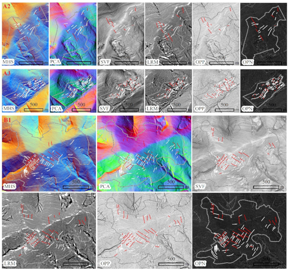 Liniowe antropogeniczne formy terenu związane z dawną uprawą ziemi odtworzone na podstawie numerycznego modelu terenu z wykorzystaniem różnych technik jego wizualizacji: miedze (czerwone linie) oraz terasy i kamienne murki (białe linie).