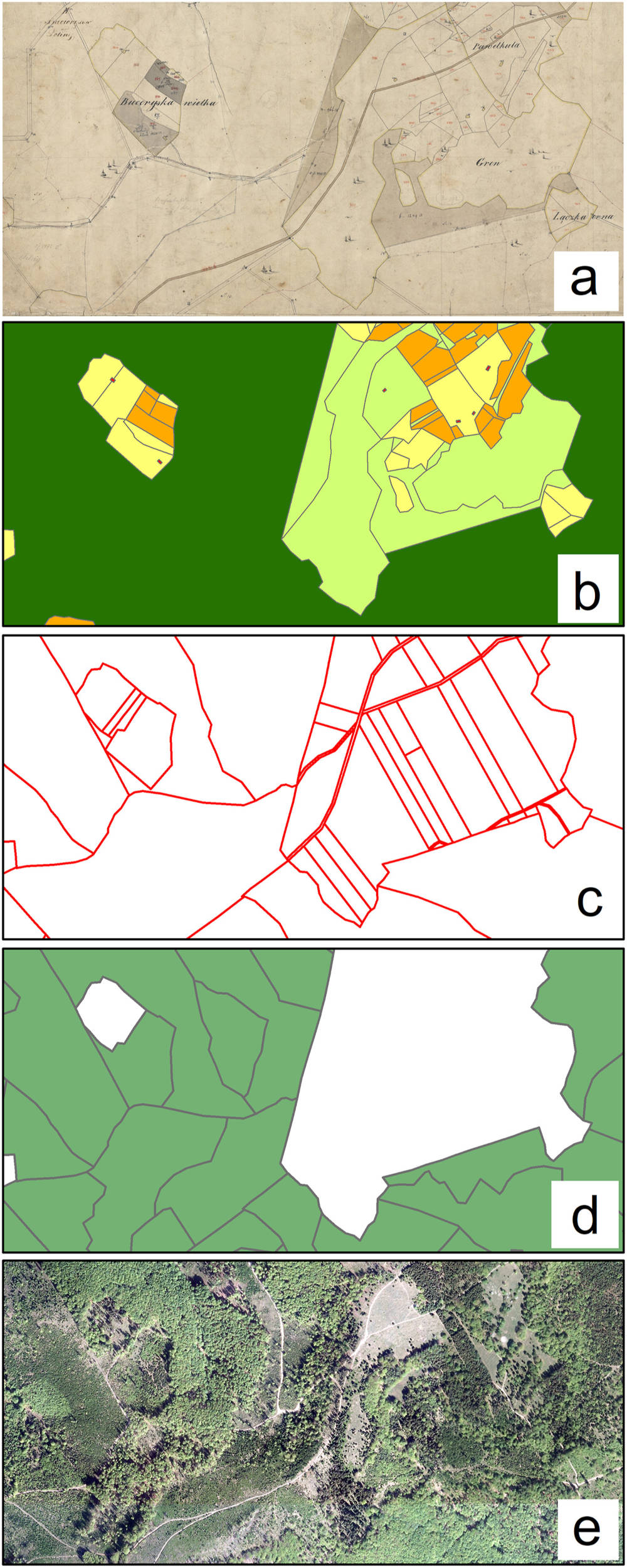 Cartographical materials: original Austrian cadastral map (a), digitized Austrian cadastral map (b), the Surveyor General of Poland's Cadastral Map (c), the Digital Forest Map (d), contemporary land cover on the orthophotomap (e). Source: own elaboration based on data used with permission from the National Archive in Katowice and Head Office of Geodesy and Cartography in Warsaw