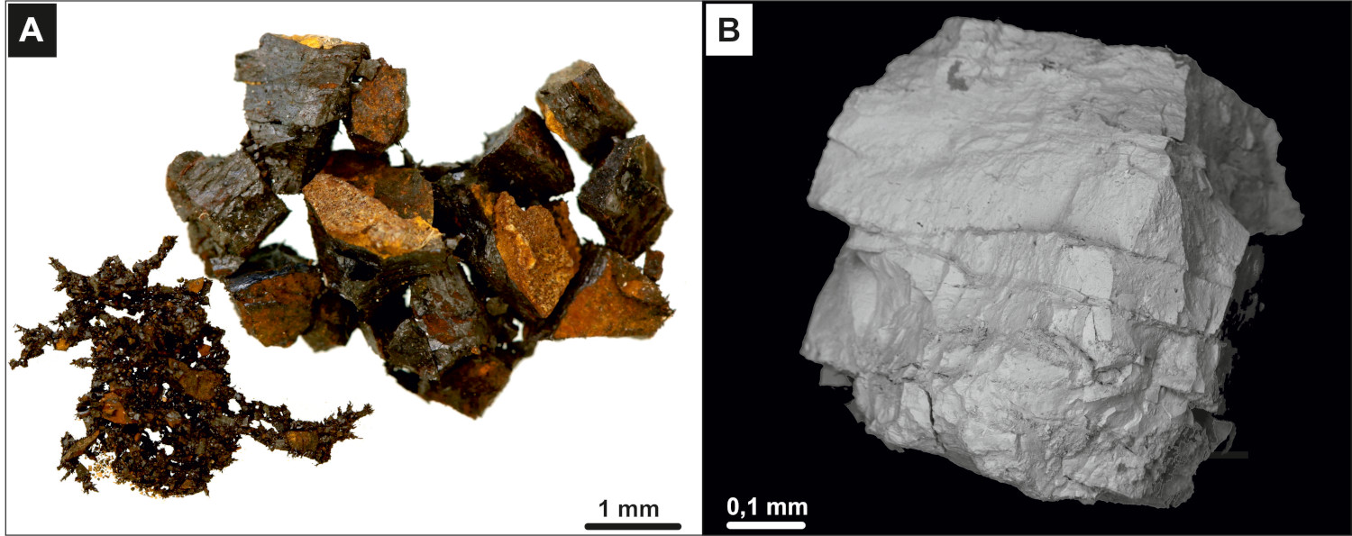 . A) Fotografia znalezionych fragmentów paleometeorytu z Lechówki. B) Obraz BSE przykładowego, magnetycznego fragmentu meteorytu kopalnego z Lechówki.