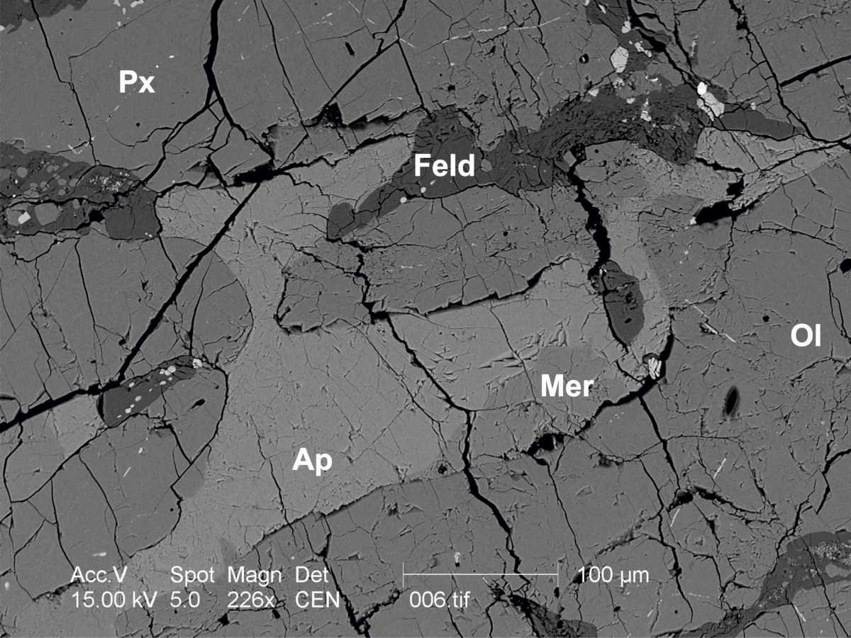 Obraz BSE apatytu o wieku 4549±61 mln lat w asocjacji z merrillitem (meteoryt Leoncin). Ap- apatyt, Mer- merrillit, Px- piroksen, Ol- oliwin, Feld- skaleń.