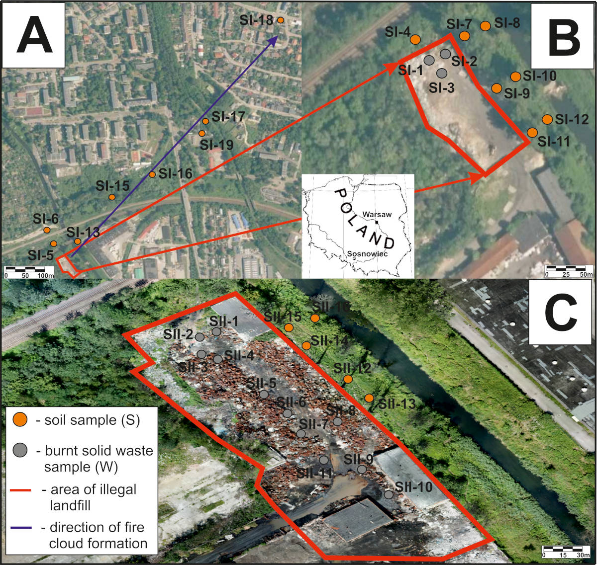 Lokalizacja nielegalnego składowiska odpadów i miejsc pobierania próbek w Sosnowcu. Próbki (A) i (B) pobrane 19.09.2020r., próbki (C) pobrane 27.07.2021r.