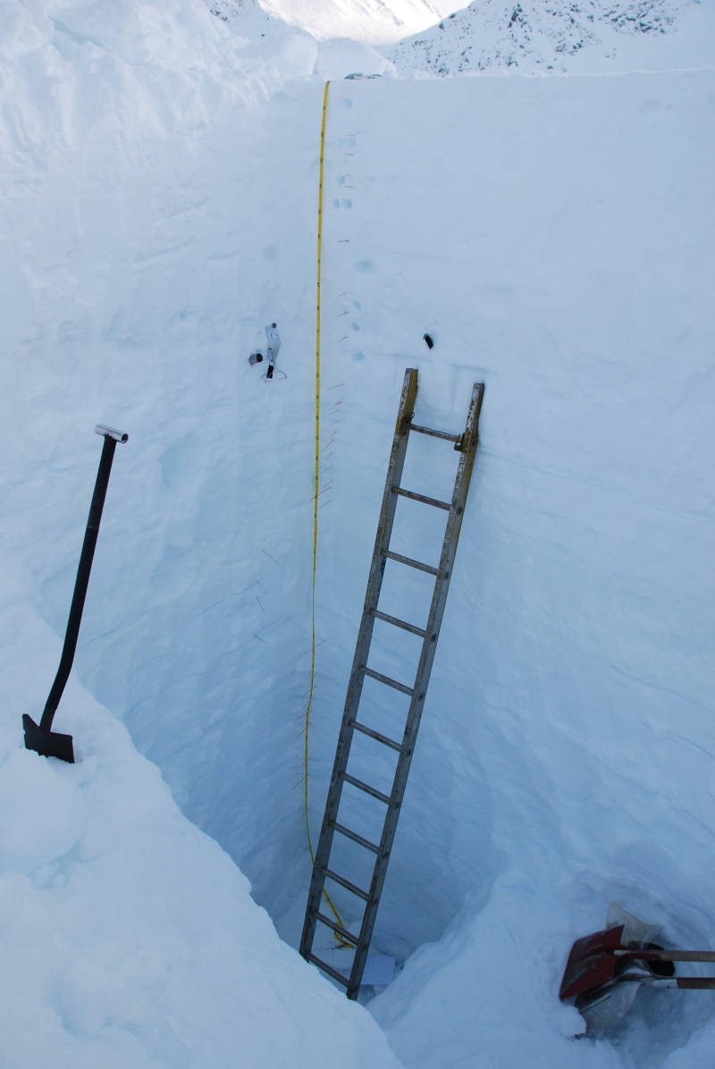 Profil śnieżny o głębokości ponad 4.5 m, położony w strefie akumulacyjnej Hansbreen. Fot. Antoine Kies