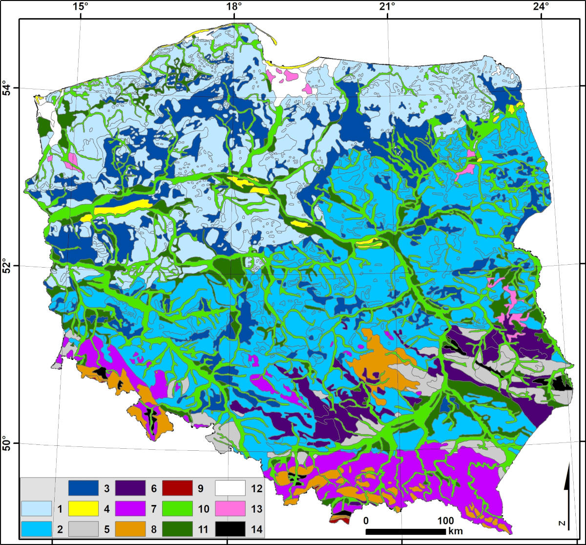 Rodzaje krajobrazów naturalnych w Polsce. Opracowanie własne na podstawie: Richling (2005), zmodyfikowane. Krajobrazy nizin: 1 – glacjalne; 2 – peryglacjalne; 3 – fluwioglacjalne; 4 – eoliczne; Krajobrazy wyżyn i gór niskich: 5 – lessowe - eoliczne; 6 – węglanowe i gipsowe - erozyjne; 7 – krzemianowe i glinokrzemianowe - erozyjne; Krajobrazy gór średnich i wysokich: 8 – gór średnich - erozyjne; 9 – wysokogórskie - erozyjne i glacjalne; Krajobrazy dolin i obniżeń: 10 – zalewowych den dolin - akumulacyjne; 11 – teras nadzalewowych - akumulacyjne; 12 – deltowe - akumulacyjne; 13 – równin bagiennych – akumulacyjne; 14 – obniżeń denudacyjnych i kotlin w terenach wyżynnych i górskich - erozyjne.