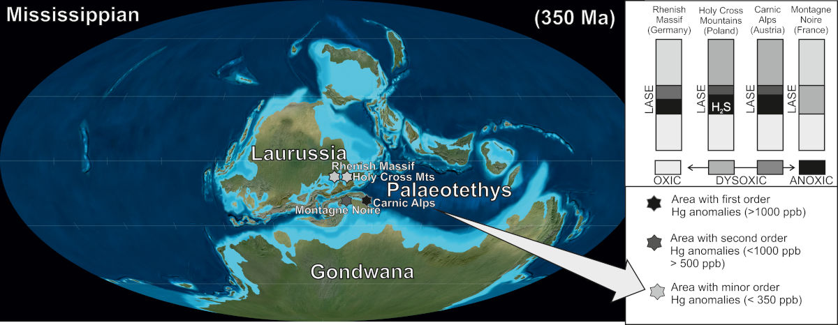 Paleogeography during the Tournaisian stage ~350 Ma (Blakey, 2012) showing the location of the LASE sections investigated in terms of high-resolution geochemistry.