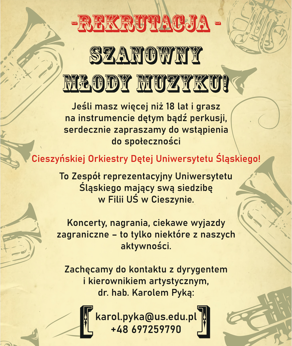 Cieszyńska Orkiestra Dęta Uniwersytetu Śląskiego-Plakat rekrutacja