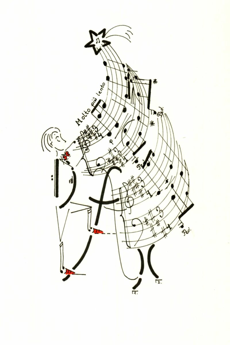 Projekt kartki świątecznej Joanny Skiby przedstawia choinke z pięciolinii którą przystraja muzyk