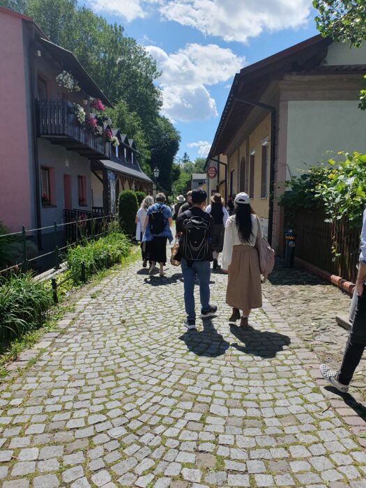 A group of people going along the cobbled street. Grupa ludzi idąca wybrukowaną uliczką.