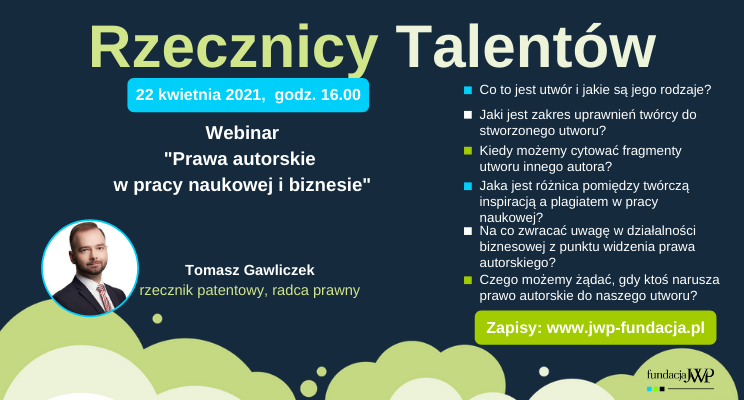 Obraz przedstawia informacje zawarte w komunikacie na samej górze widnieje napis Rzecznicy Talentów, oraz zdjęcie Pana Tomasza Gawliczka