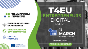 Plakat spotkania spotkania T4EU Entrepreneurs Digital Meetup. na plakacie data i czas spotkania w godz. 11.30 – 13.30
