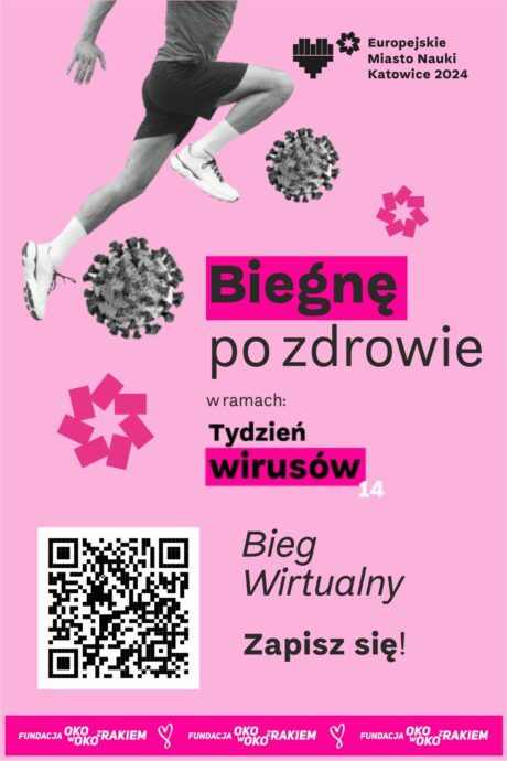 różowy plakat informacyjny ze zdjęciem biegacza i kodem QR
