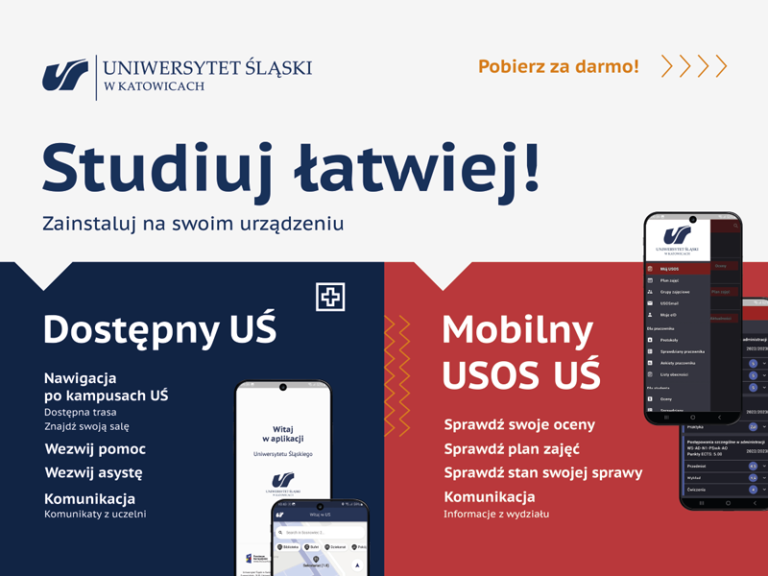 Grafika Studiuj łatwiej, na grafice dwie aplikacje - Dostępny UŚ i Mobilny UŚ